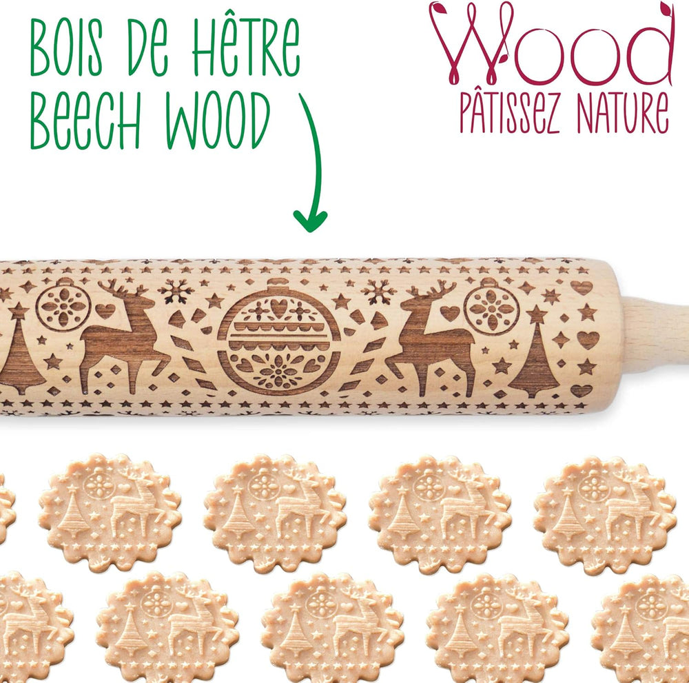 Scrap Cooking Teigrolle aus Holz "Xmas" mit weihnachtlichen Motiven – Prägerolle mit gepfragten Verzierungen für Kekse – Decorativo Zubehör – 5242