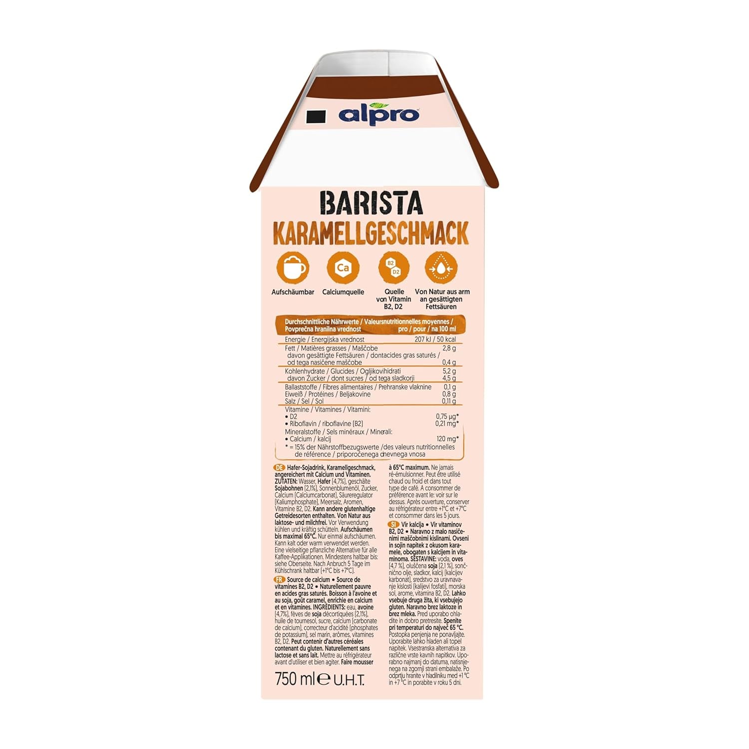 Alpro Barista Karamell – Zum Aufschäumen – Von Natur aus lactosefrei – 8 x 750 ml – Haltbar