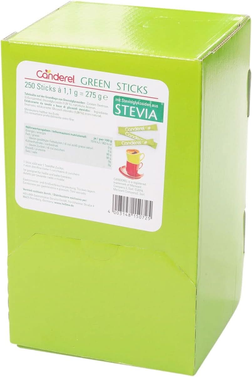 Hellma Canderel Green Stevia Sticks, 250 bustine di stevia, bustina da 1,1 grammi Dolcificanti Naty Shop