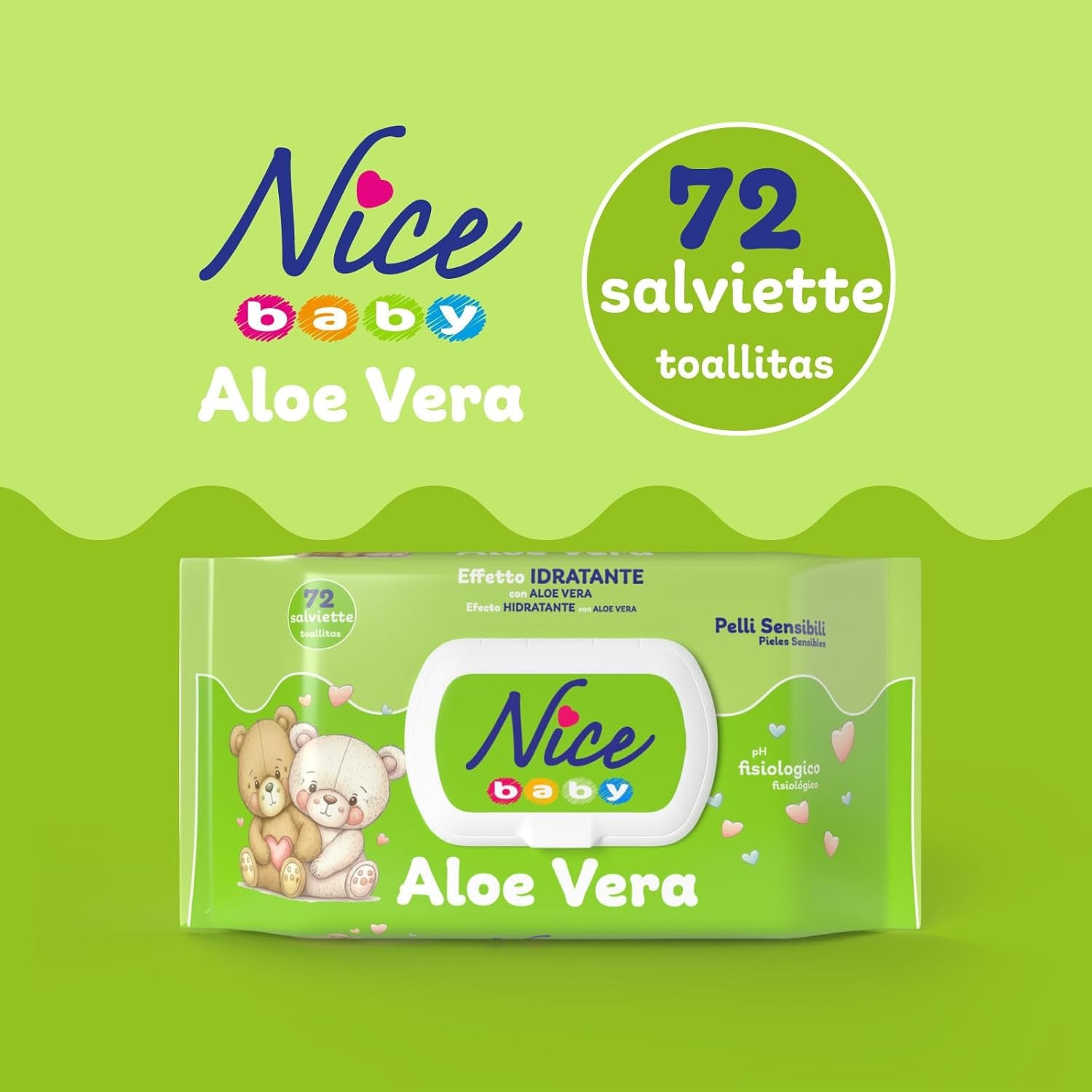 Salviette detergenti per bambini e neonati - con aloe vera e olio di argan - dermatologicamente testate - valore pH fisiologico - formato maxi: confezione da 72 salviette - Nice