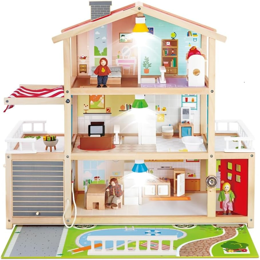 Casă de păpuși Hape Doll's Villa din lemn cu 10 camere, joc de rol creativ, inclusiv mobilier și accesorii, jucărie educativă, pentru copii de la 3 ani în sus
