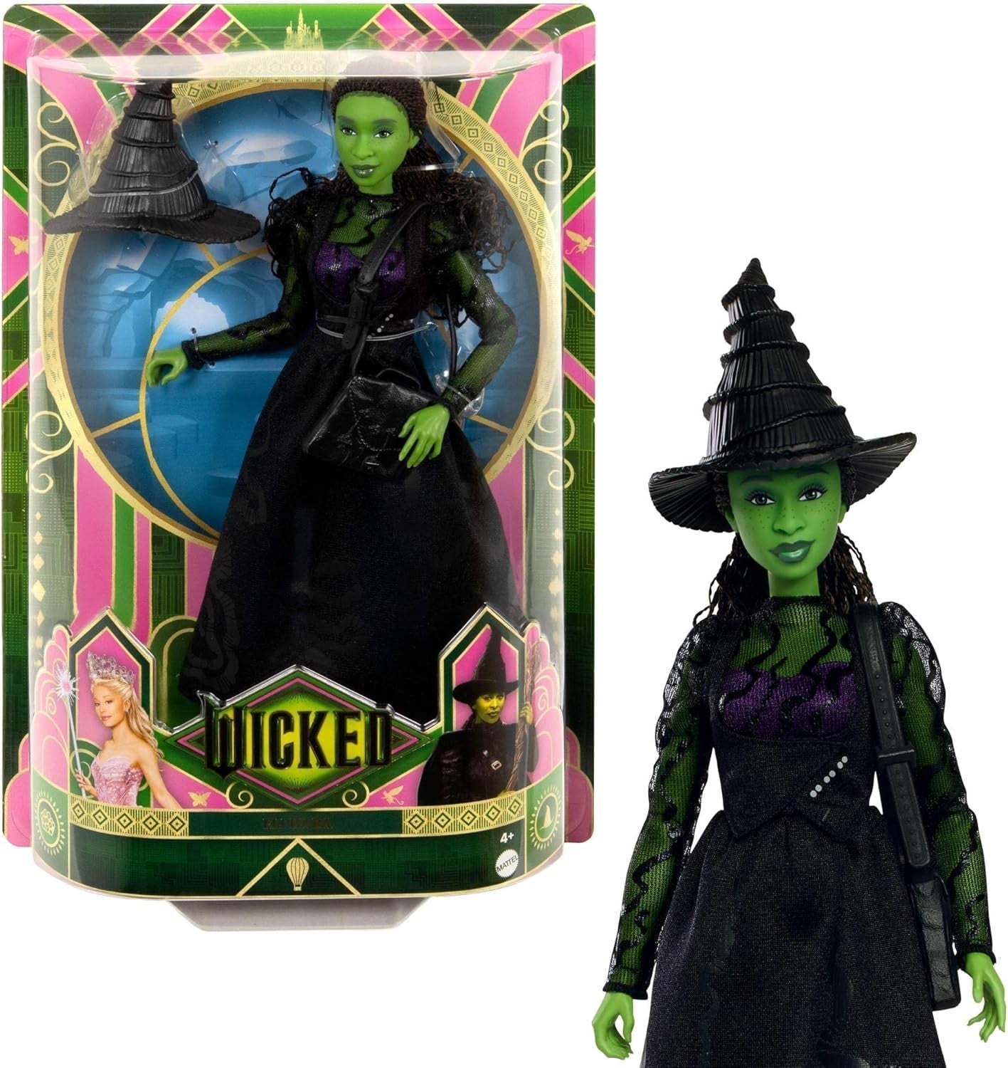 Mattel Wicked Elphaba, bambola alla moda con accessori, pelle verde, capelli intrecciati neri, diverse pose possibili e abito da ballo allungabile, HXT62, [Multicolore] Naty Shop Dolls Titolo predefinito