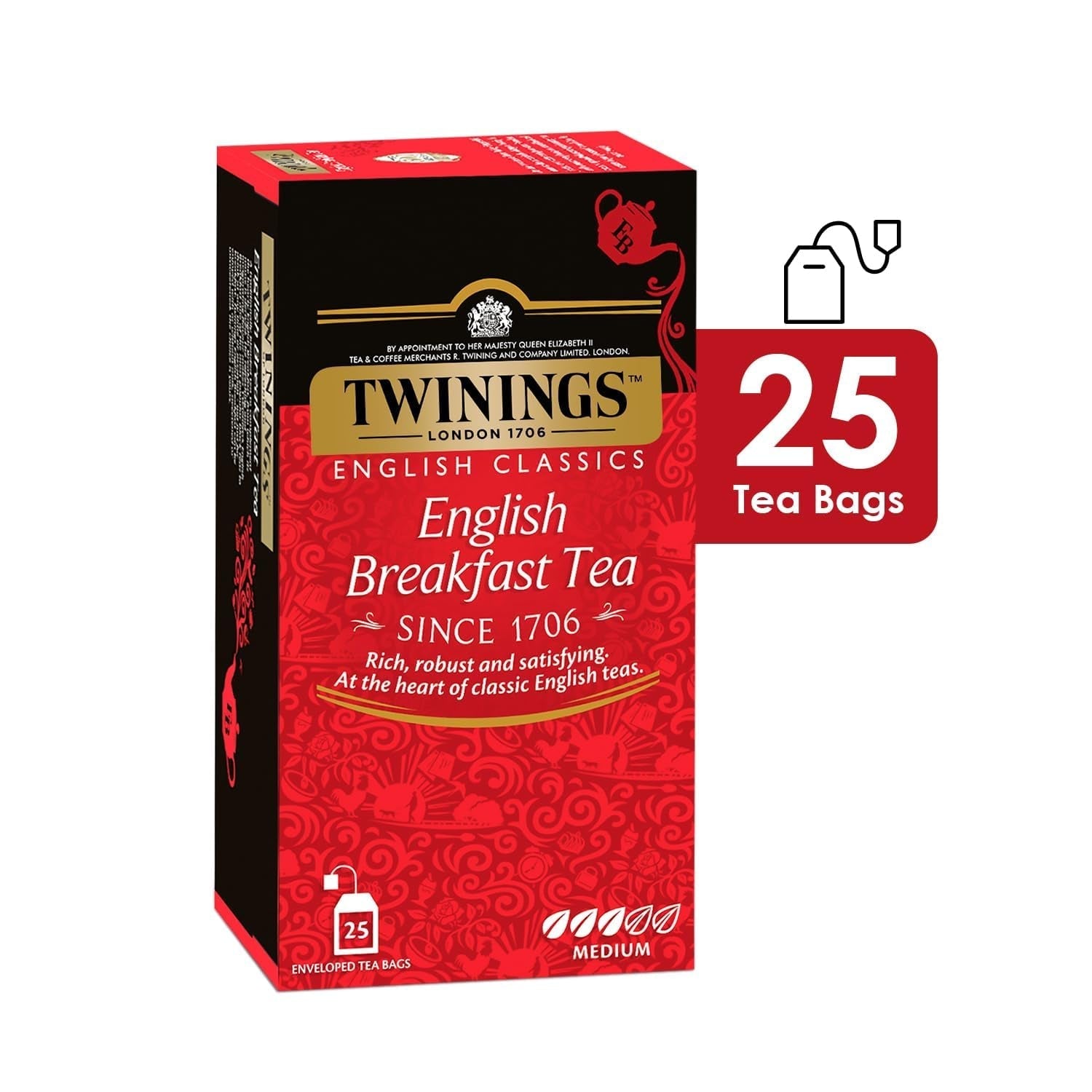 Twinings English Breakfast Ceai negru 50 g, 25 pliculețe de ceai, ceai negru plin, rotund și puternic din cele mai bune plantații de ceai din Sri Lanka și India. Ceai negru Pachet de 1 (1 x 50 g)