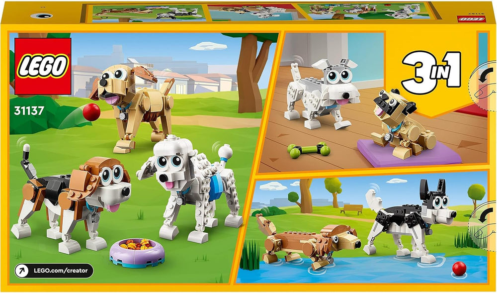 LEGO Creator 31137 Set simpatico cane 3 in 1 con figure di animali bassotto, carlino, barboncino e altri, giocattolo per bambini 7+, regalo per gli amanti dei cani Set di costruzione Besuche den LEGO-Store