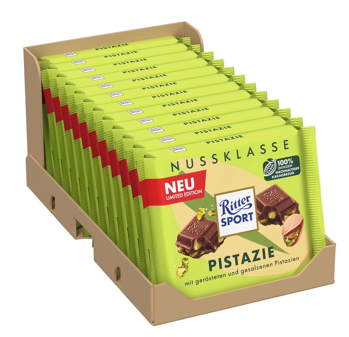 Ritter Sport Pistacchio, cioccolato al latte con fini pezzetti di pistacchio, un classico del cioccolato, perfetto da spuntino e da gustare, un'ottima idea regalo, 12 barrette x 100g