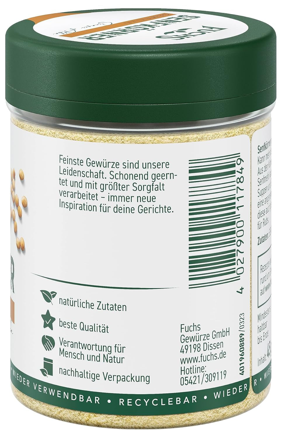 Fuchs Gewürze - Senfkörner gemahlen - für die Zubereitung von Rubs, zum Verfeinern von Suppen und Saucen - ingredienti naturali - 45 g in wiederverwendbarer, recyclebarer Dose