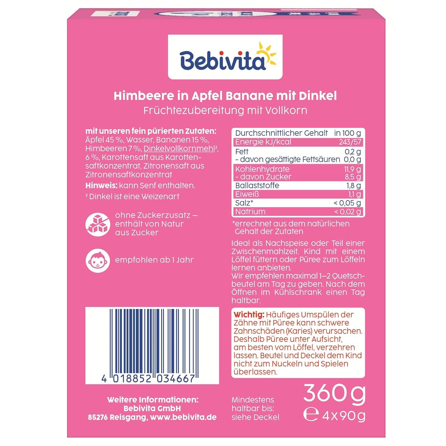Bustine comprimibili di frutta, lampone, mela, banana e farro - 16 pezzi (confezione da 4, 4 x 90g cadauna), senza zuccheri aggiunti, a base di frutti di bosco e cereali integrali, ideali per spuntini da asporto e autoconsumo