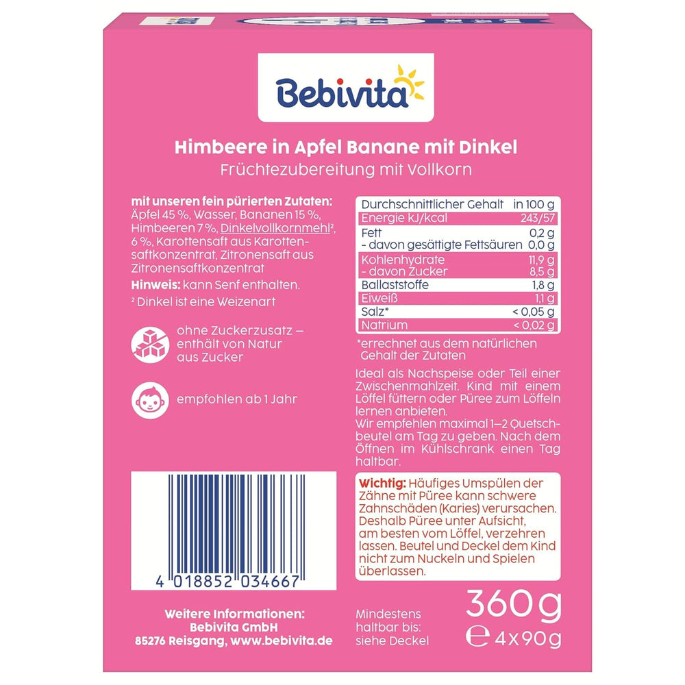 Bustine comprimibili di frutta, lampone, mela, banana e farro - 16 pezzi (confezione da 4, 4 x 90g cadauna), senza zuccheri aggiunti, a base di frutti di bosco e cereali integrali, ideali per spuntini da asporto e autoconsumo