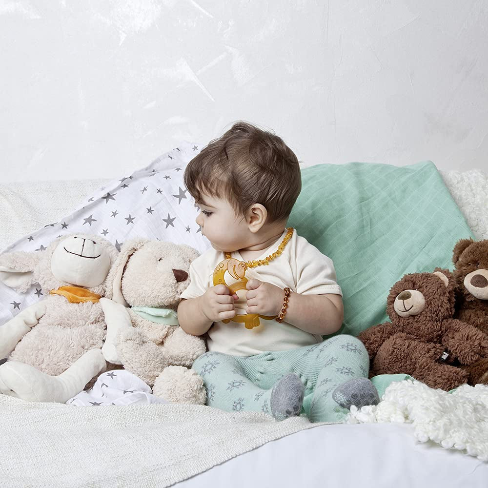 Inel de dentiție organic GRÜNSPECHT din cauciuc natural pentru bebelușii care își erup dentiția, masează gingiile, fără BPA, moale, promovează motricitatea fină, model dinozaur (639-V1)