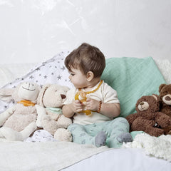 Inel de dentiție organic GRÜNSPECHT din cauciuc natural pentru bebelușii care își erup dentiția, masează gingiile, fără BPA, moale, promovează motricitatea fină, model dinozaur (639-V1)