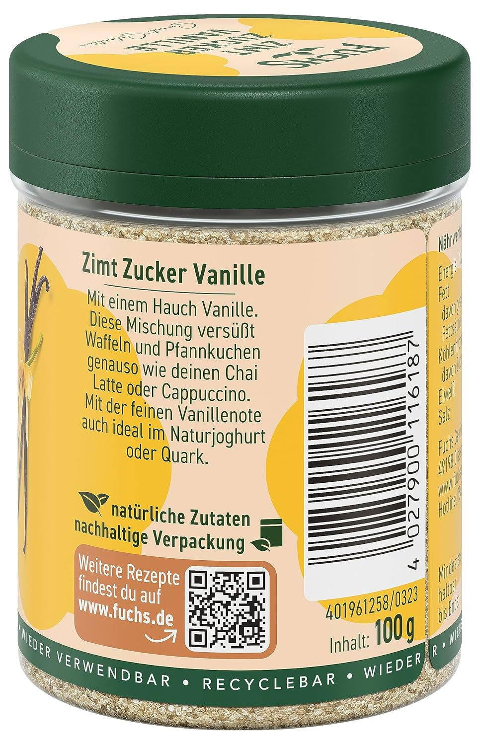 Fuchs Gewürze - Zimt Zucker Vanille - Gewürz zum Versüßen von Waffeln, Milchgetränken oder Joghurt - aus natürlichen Zutaten - 100 g in wiederverwendbarer, recyclebarer Dose