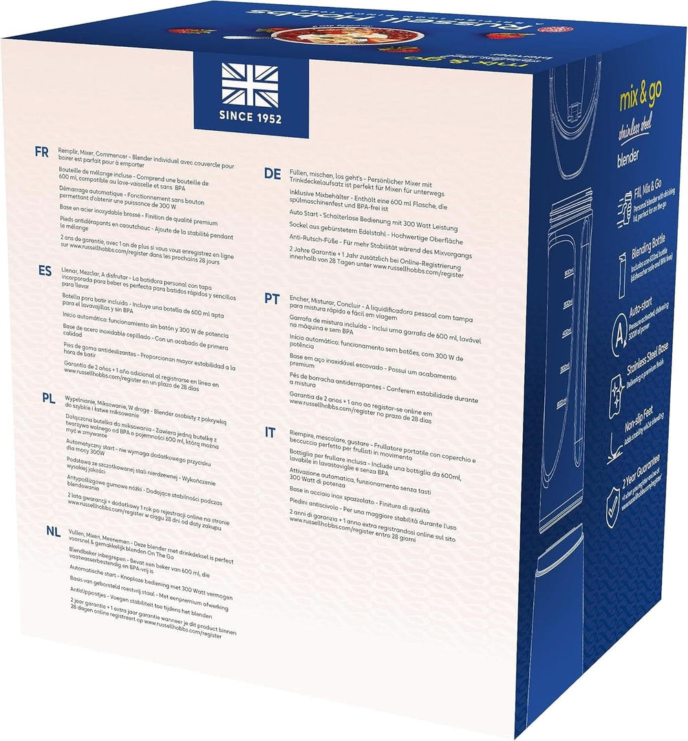 Russell Hobbs Mixer - Robot da cucina e frullatore da portare via [23.500 U/Min Power-Motor] Inkl. 1X Mixbehälter 600Ml (Bpa-Frei, Spülmaschinen- & Bruchfest Inkl. Deckel) Zerkleinerer, Edelstahl, 23472-56 Kitchen Naty Shop