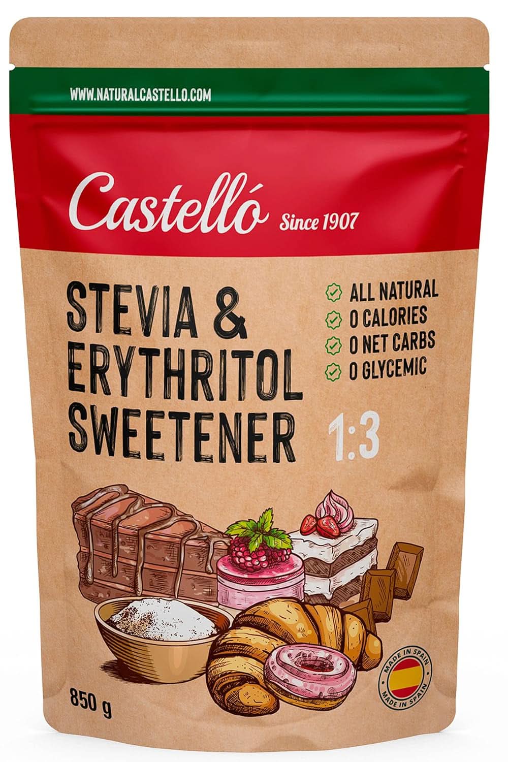 Dolcificante Stevia + Eritritolo 1:3, 1G = 3G Zucchero, 850 grammi Dolcificanti Naty Shop