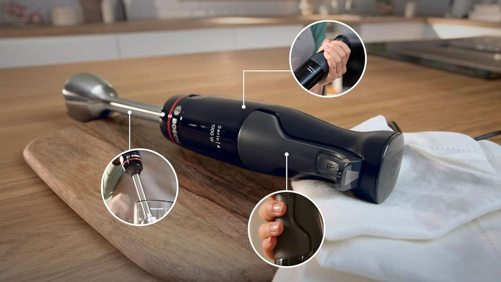 Robot da cucina Bosch Ergomaster Serie 4, 1000 Watt, Edelstahl-Mixstab, Zerkleinerer, Mix-/Messbecher, Schwarz Kitchen Naty Shop