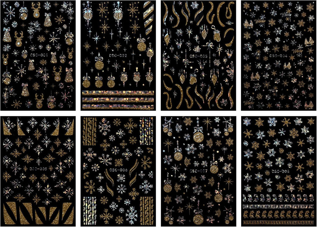 JMEOWIO Nagelsticker Weihnachten Gold Glitter Silber 8 Blatt Nail Art Sticker Selbstklebend Nagelaufkleber Schneeflocke Winterurlaub Dekoration Nageldesign Zubehör