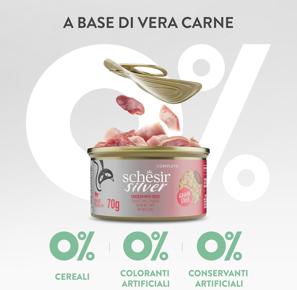 Silver, Pui cu Mousse de Rață și Fileuri, Hrană Umedă Completă pentru Pisici Senior, Fără Cereale, Suport Imunitar, Sursă de Umiditate, 12 x 70g