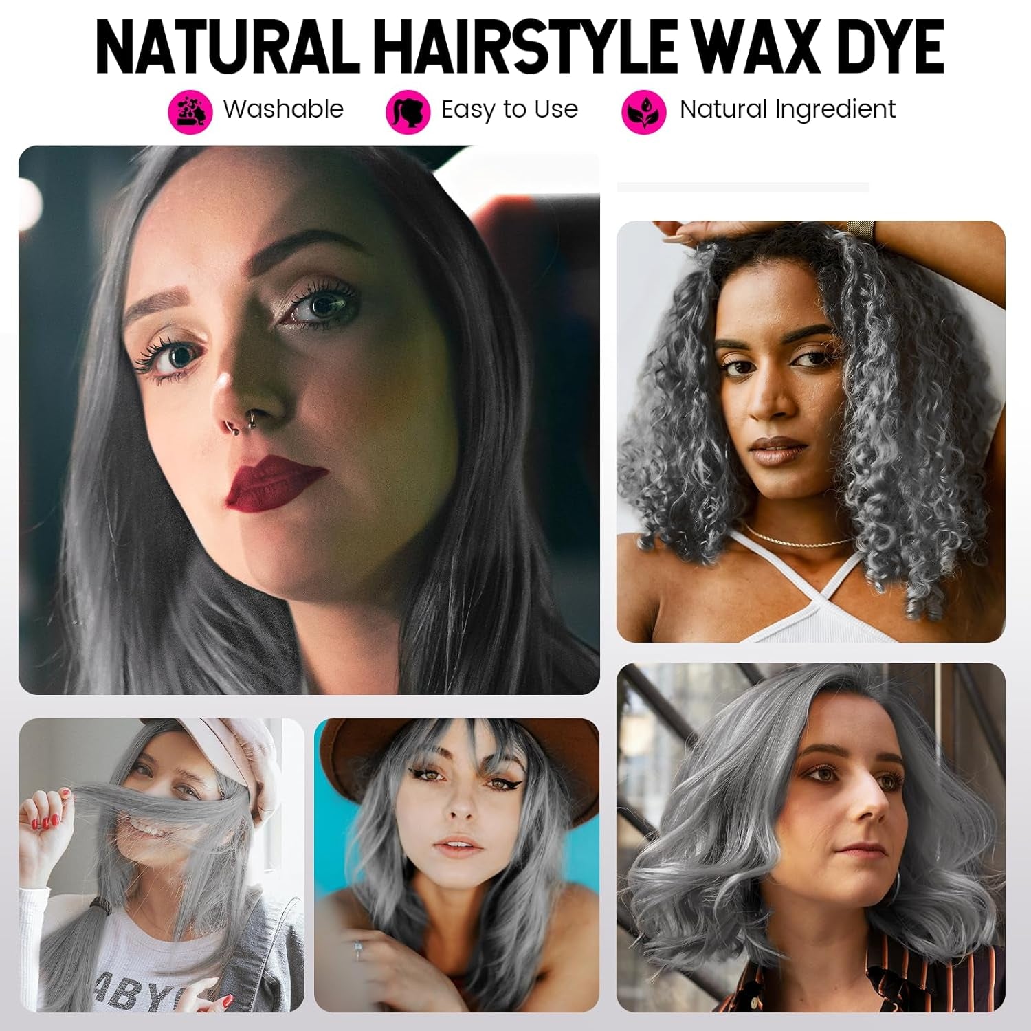 Culoare temporară a părului, Styling Hair Tone pentru bărbați femei, Pomadă pentru coafură naturală, Ceară pentru vopsirea părului pentru petreceri, Cosplay și Halloween, 4.23 oz (Silver Grey) Vopsea pentru par Naty Shop