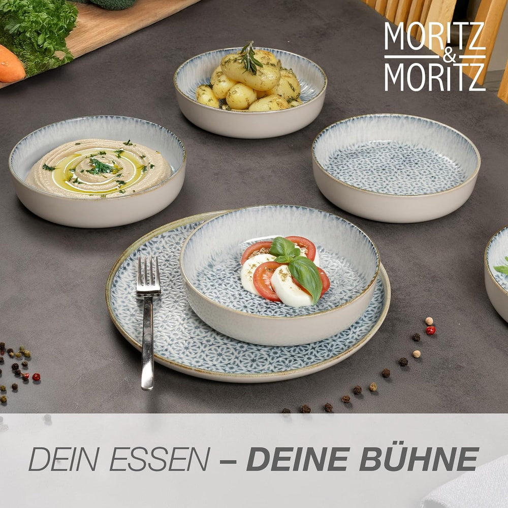 Set de veselă Moritz & Moritz ALHAMBRA pentru 6 persoane, 18 piese, din porțelan de înaltă calitate - veselă modernă albastră - set ușor de întreținut, inclusiv 6 farfurii de cină, 6 farfurii de desert și 6 boluri