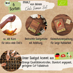 Set di semi di peperoncino biologico - 6 semi di peperoncino biologico, da lieve a estremamente piccante, qualità senza impollinazione | dal piccante Habanero alle varietà di peperoncino colorate e tradizionali - Pepperoni Seeds