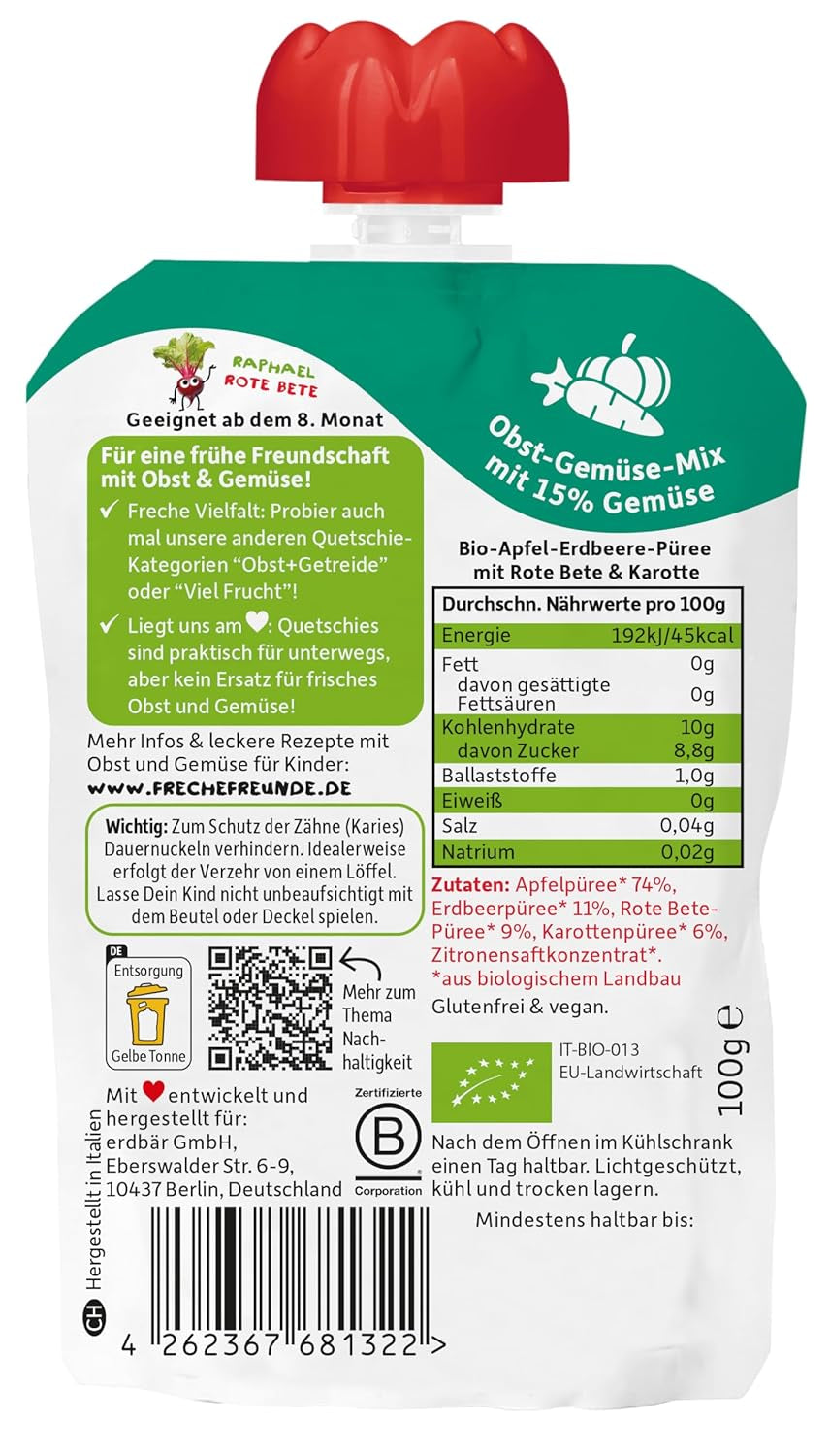 FRECHE FREUNDE sacchetto di frutta spremibile biologico con mele, fragole, barbabietola rossa e carota, purea di frutta e verdura in sacchetto spremibile per bambini a partire da 6 mesi, vegano, confezione da 6 (6 x 100 g)