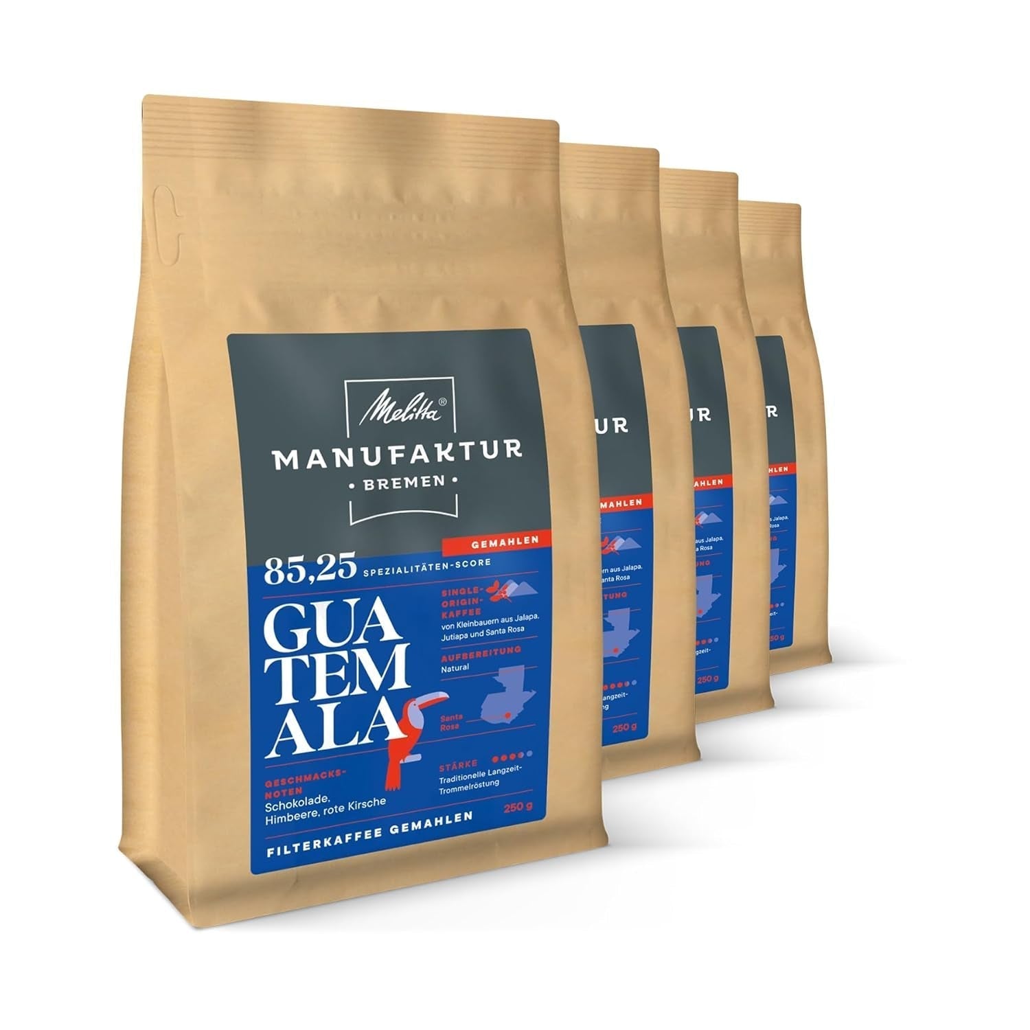 Melitta Manufaktur-Kaffee Guatemala Honey, caffè speciale, 250 g, caffè in grani interi, non macinato, caffè monorigine, tostato delicato, tostato in Germania, forza 3 Naty Shop Coffee 4 x 250 grammi chicchi interi naturali del Guatemala