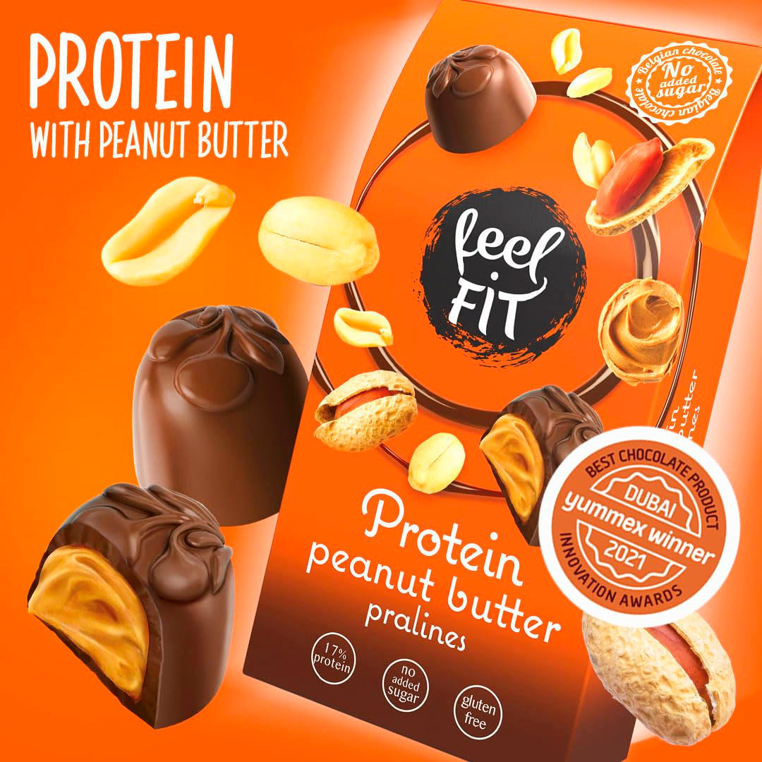 Feel FIT Praline proteiche al burro di arachidi in cioccolato al latte di alta qualità, senza zuccheri aggiunti, 17% di proteine, senza glutine 66 g (1 confezione)