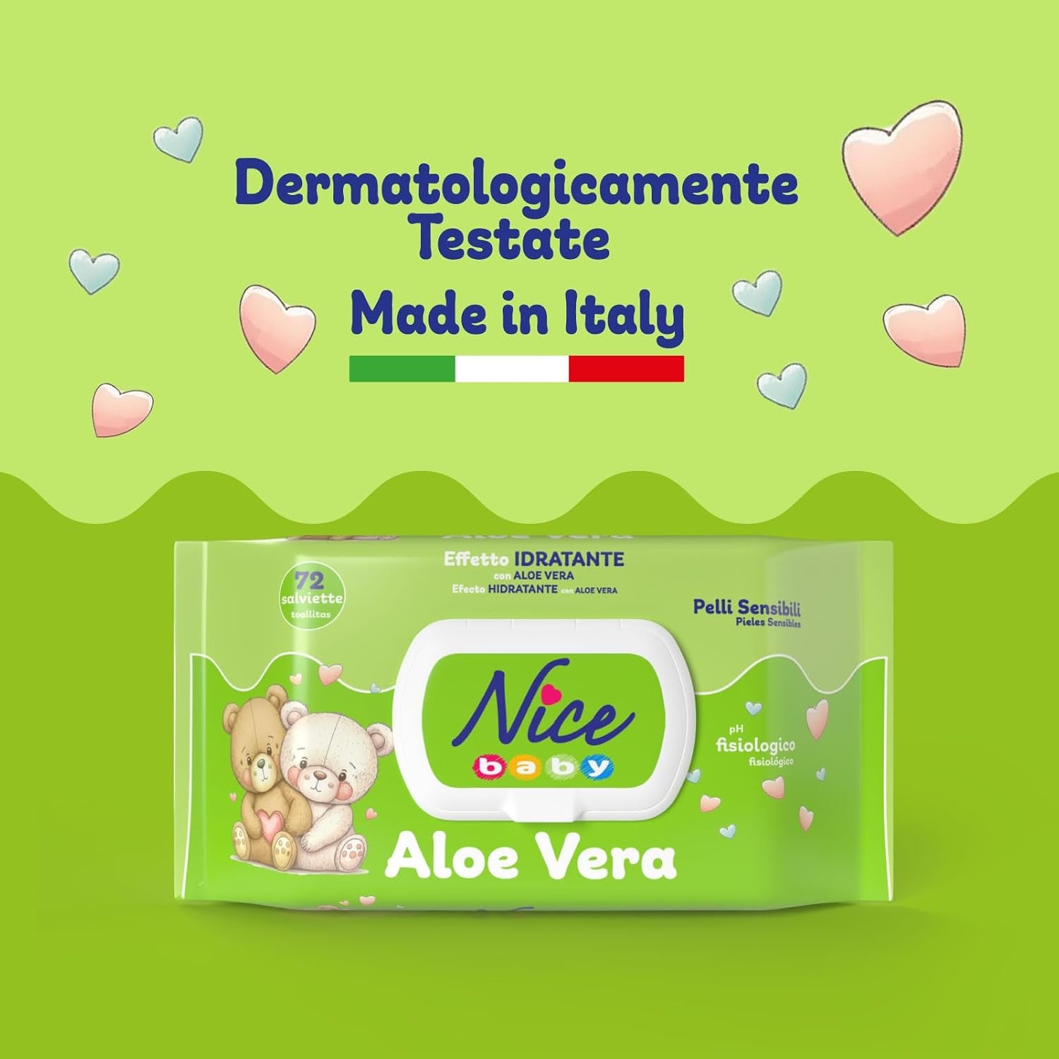 Salviette detergenti per bambini e neonati - con aloe vera e olio di argan - dermatologicamente testate - valore pH fisiologico - formato maxi: confezione da 72 salviette - Nice
