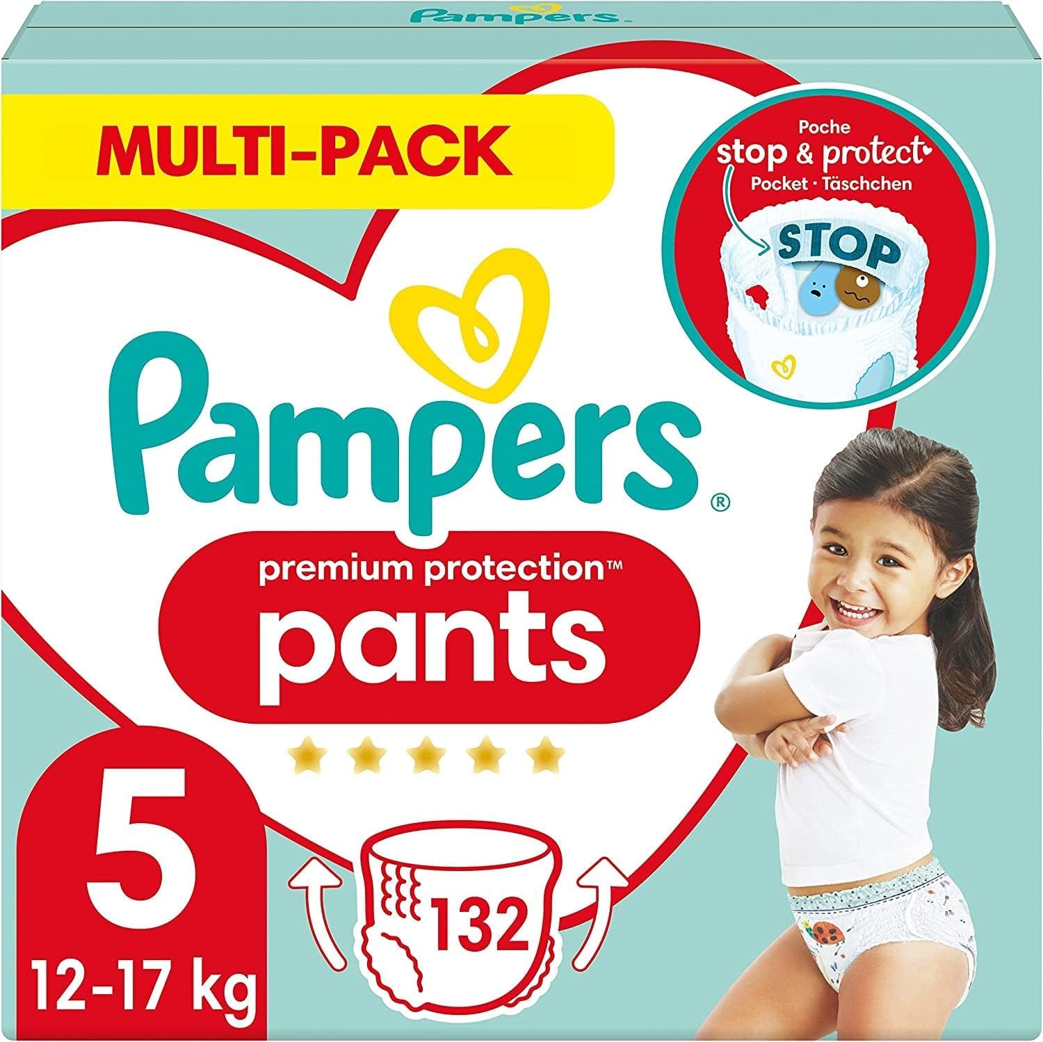 Pantaloni di protezione Premium Pampers taglia 7, 123 pannolini, 15 kg+, con regolazione a 360° e polsini morbidi anti-perdite per comfort e protezione ottimali