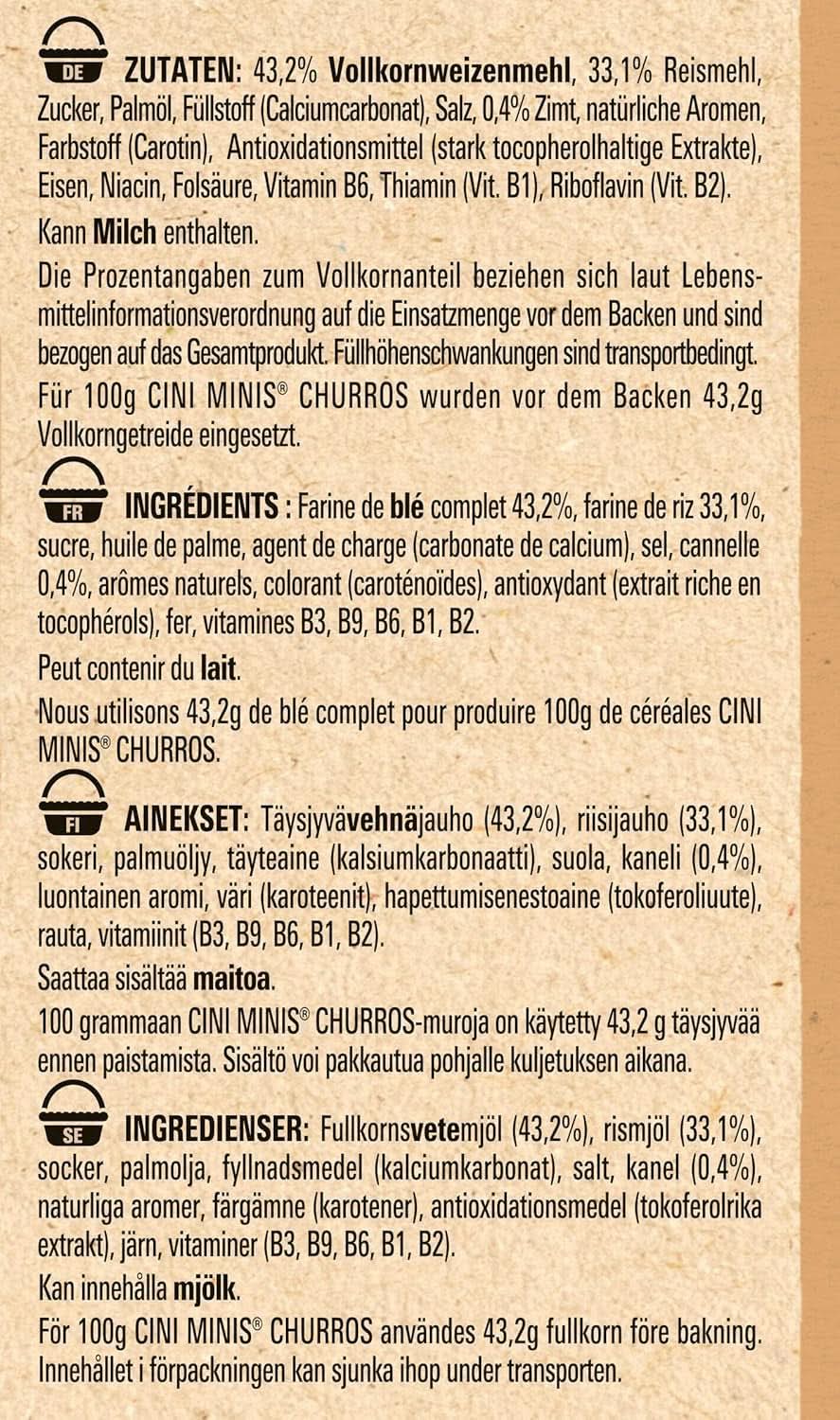 Cereali da colazione CINI MINIS Churros con il 42% di farina integrale, 360 grammi Naty Shop