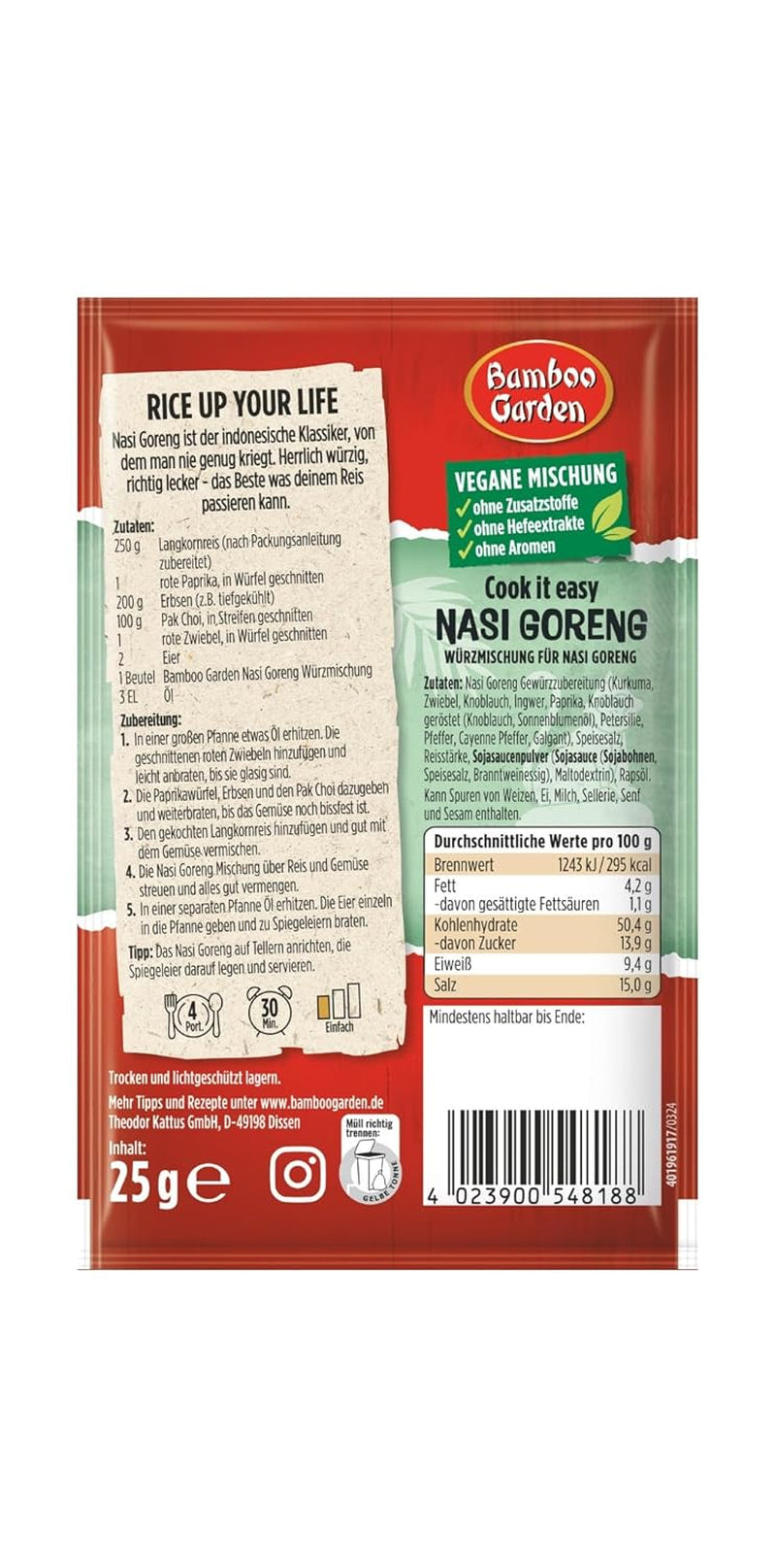 Giardino di bambù - Nasi Goreng Würzmischung | Zum Würzen von asiatischen Reisgerichten | Per 4 porzioni | Vegan, ohne Zusatzstoffe, ohne Hefeextrakte, ohne Aromen | 25 g in busta