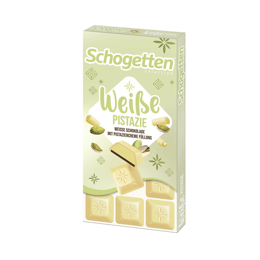 Schogetten Pistacchio Bianco | Cioccolato bianco con ripieno di crema al pistacchio | 100 g| Convenientemente porzionato (confezione da 3)