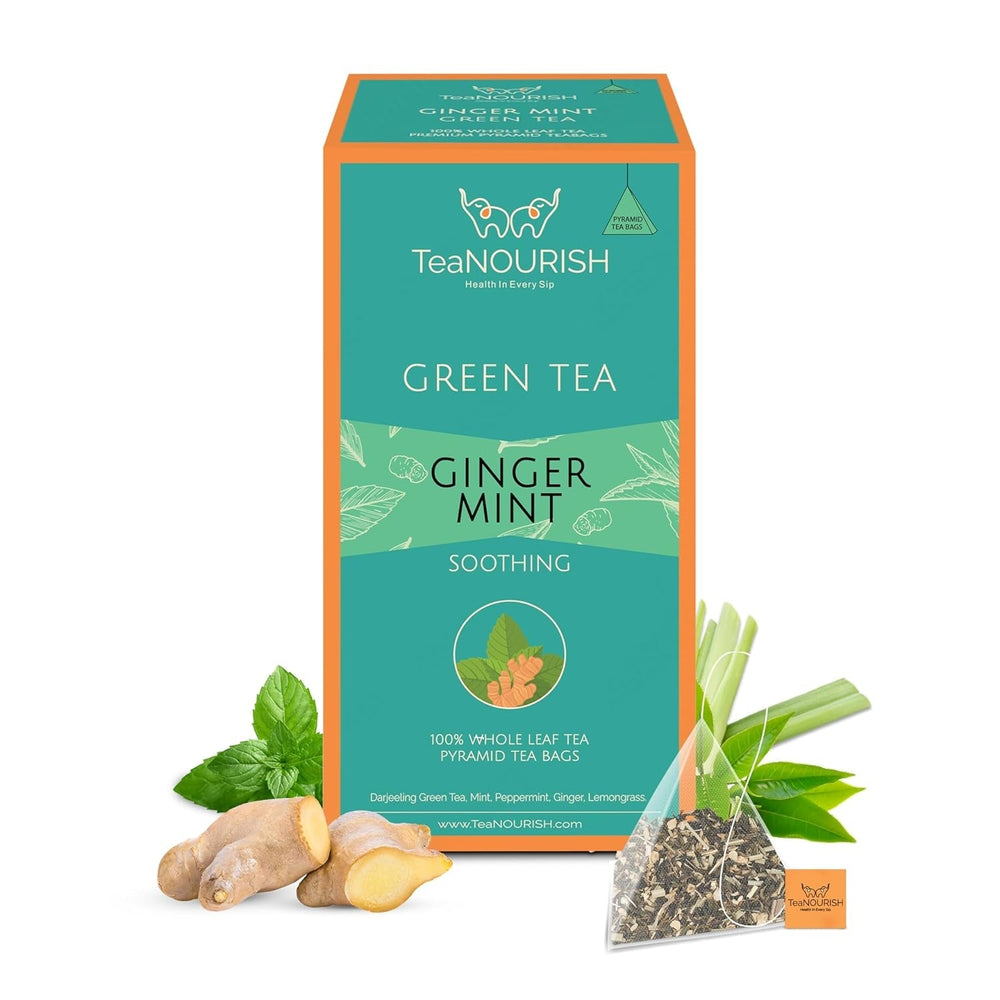 Teanourish Ghimbir Tulsi Ceai verde | 20 pliculețe de ceai piramidale | Darjeeling frunze întregi | Superalimente indiene Ghimbir, Tulsi &amp; Lemn dulce | Ameliorează stresul și favorizează digestia