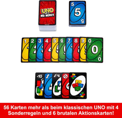 Mattel UNO Show 'em No Mercy - 56 carte extra, carte azione impegnative e regole di gioco brutali per la versione più spietata, regole di impilamento e scambio di mani, dai 7 anni in su, HWV18