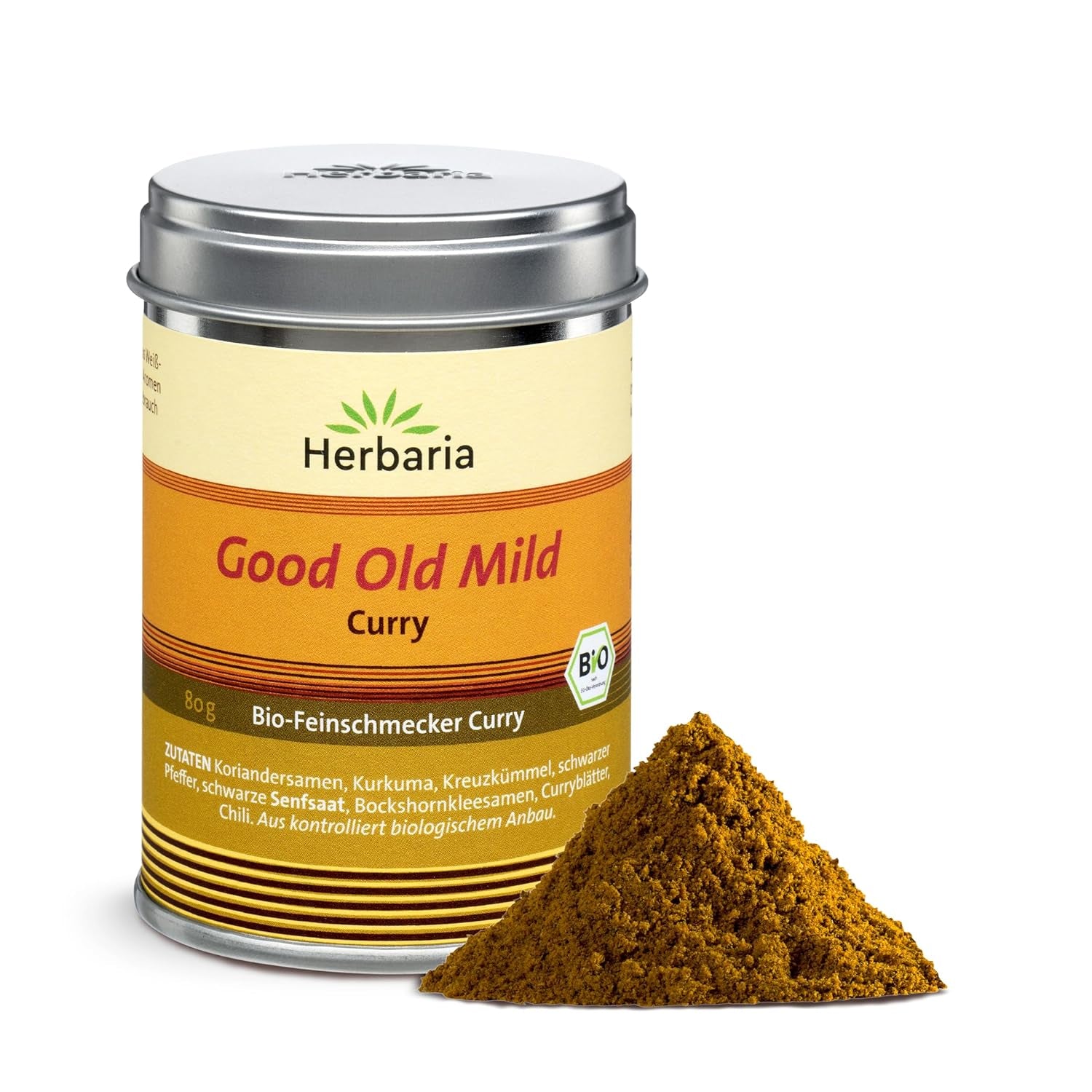 Herbaria Good Old Mild Curry bio 80g M-Dose – Currypulver, Currymischung - Bio-Gewürzmischung für klassische Curry-Spezialitäten z.B. Currywurst - ingrediente erlesenen in nachhaltiger Aromaschutz-Dose