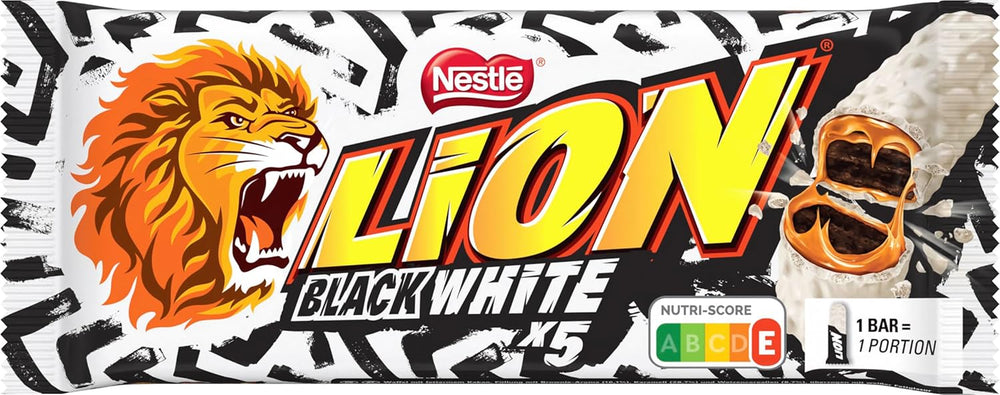 Tavoletta di cioccolato LION Black & White, uno snack dal gusto intenso, cioccolato croccante e gocce croccanti, farcitura brownie, un'esperienza golosa unica, 1 confezione (5 x 30g)