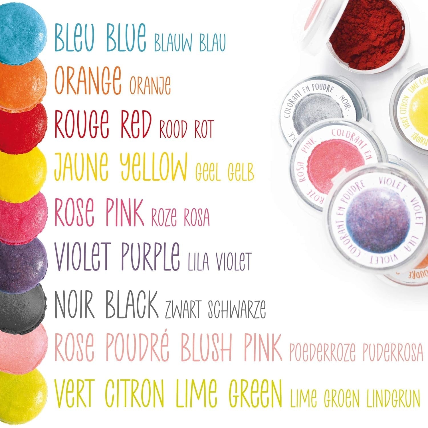 Scrapcooking - Set 9 coloranți alimentari pudră - Albastru, Galben, Roz, Violet, Portocaliu, Verde lămâie, Roșu, Roz pudră, Negru - Pudră colorantă comestibilă pentru prăjituri, brioșe, macarons - 4270