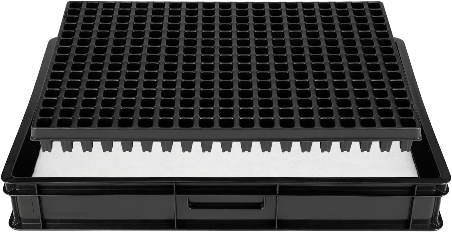 Sistema di propagazione GW-285 composto da vassoio per acqua professionale GW657, tappetino capillare abbinato (assorbimento d'acqua 3 litri per mq) e vassoio per vasi con 285 vasi (23x23 mm, altezza 54 mm) in formato Euro (600x400 mm)