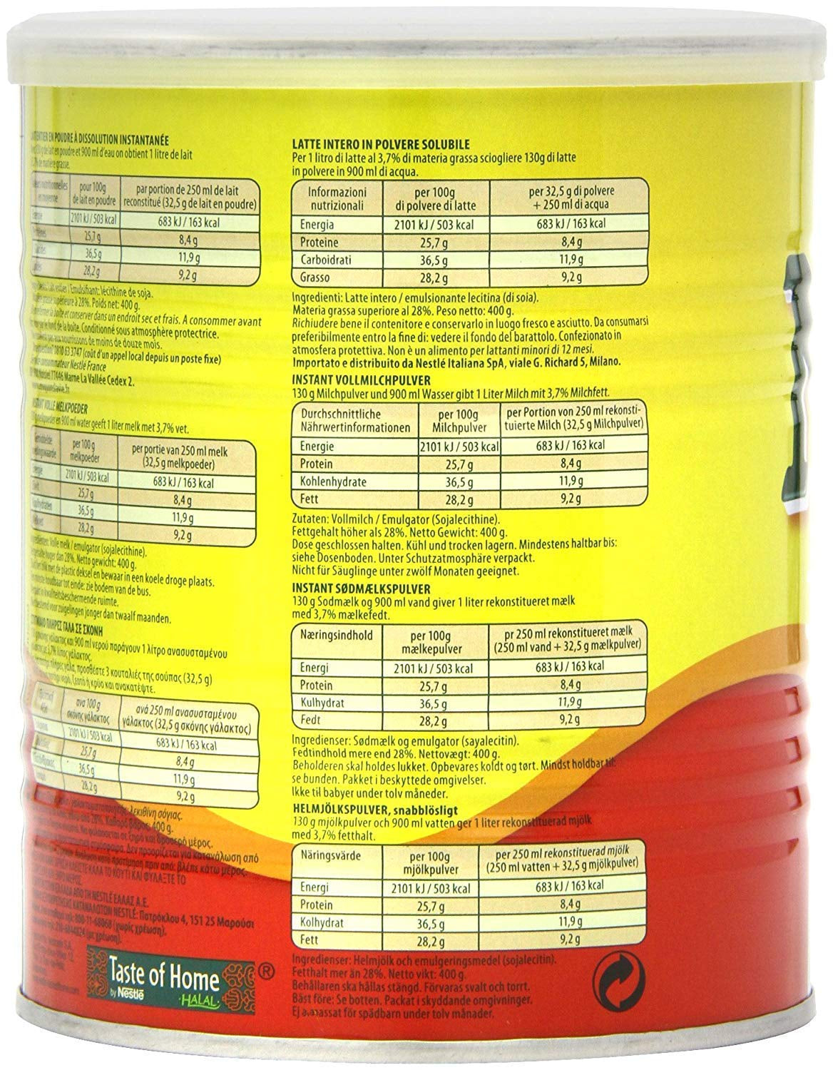 Nestle Nido Vollmilchpulver – Crema istantanea per caffè e tè con vitamine e sostanze minerali e senza contenitori o colori - Dose da 400 g