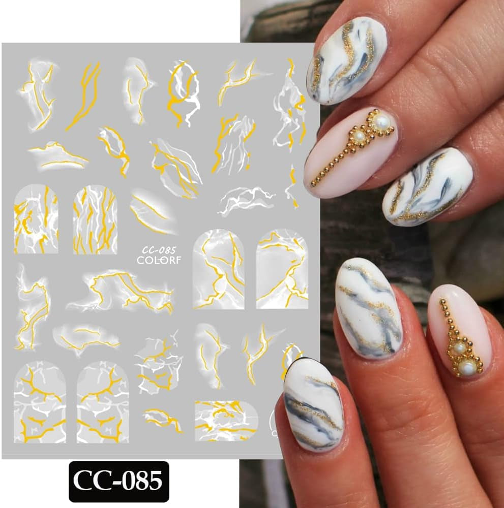 9 Blatt Nagelsticker Französischer Spitzenmarmor Nagelaufkleber Selbstklebend Weißes Gold Nail Art Sticker Dekoration Nageldesign Zubehör