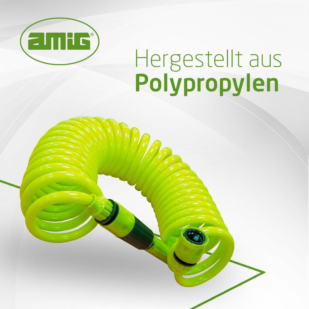 Amig - Furtun spiralat | Fabricat din polipropilenă | Extensibil până la 7,5 m | Include lance de irigare, adaptor și 2 îmbinări | Verde fistic