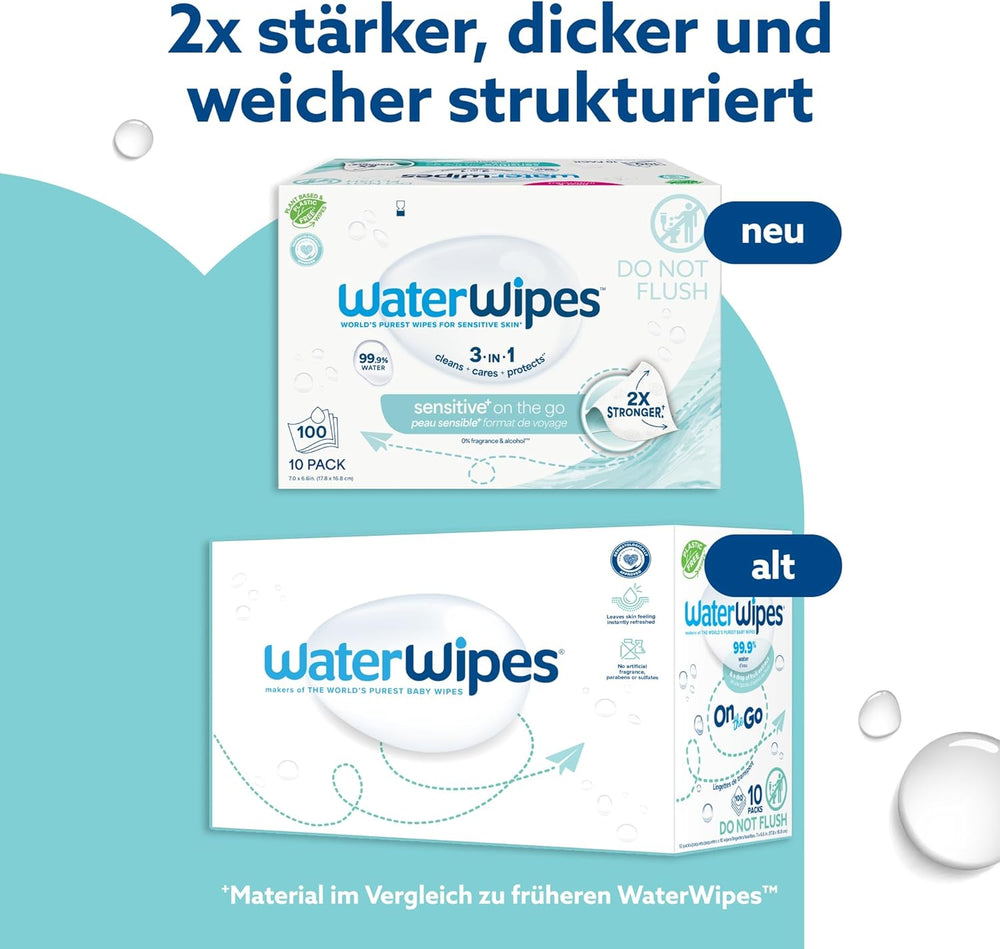 Salviettine umidificate WaterWipes Sensitive+ On The Go, 100 salviette (confezione da 10), 3 in 1 pulisce, cura, protegge, 99,9% acqua, salviette senza profumo