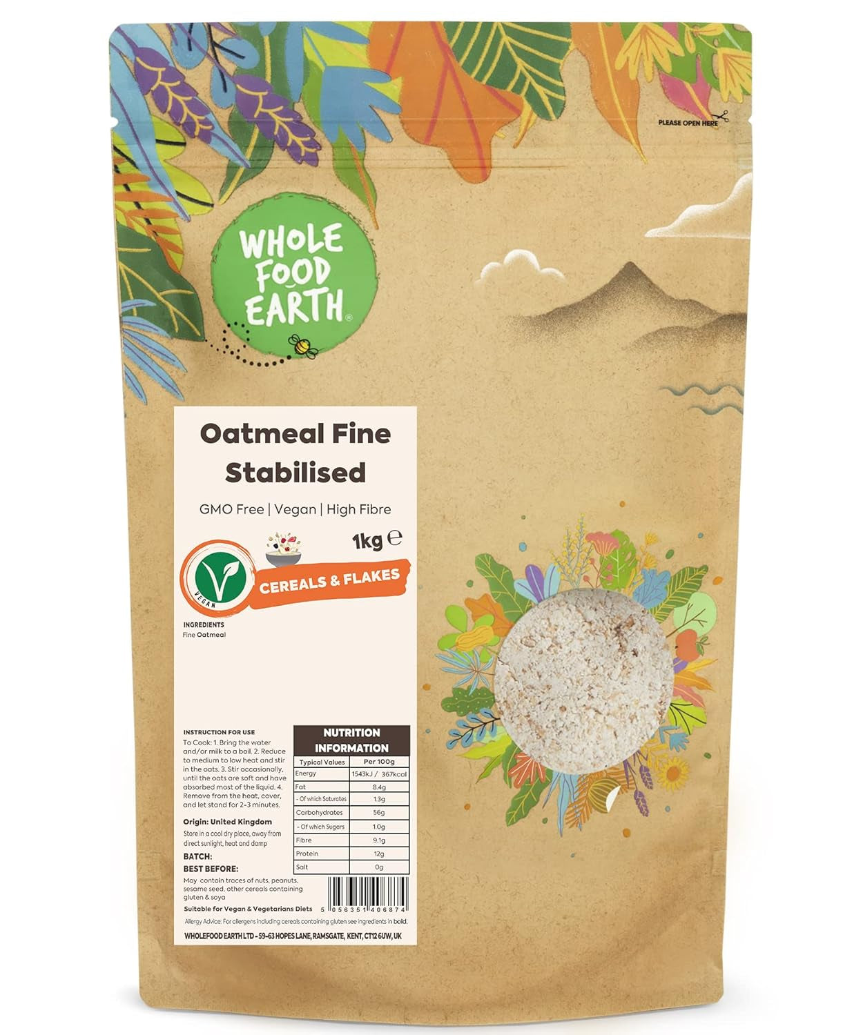 Wholefood Earth Fine Oats - non OGM - vegano - senza latticini - senza zuccheri aggiunti 1 kg