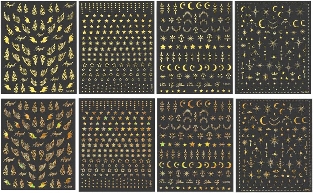 8 coli de autocolante pentru unghii cu stele și lună aurie, aripi de înger, autocolante pentru unghii bronzante, aurii, stele, folie de unghii, autocolante autoadezive pentru unghii, accesorii pentru design unghii, autocolante pentru unghii