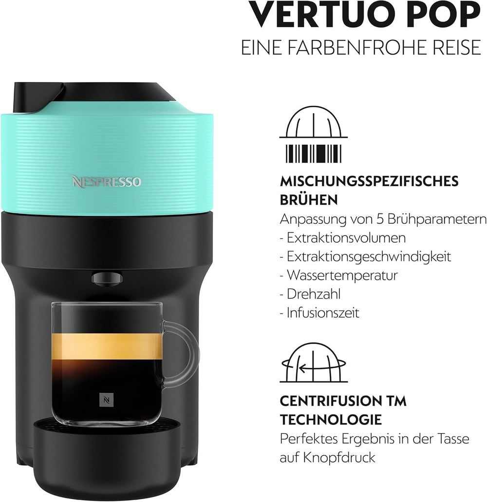 Espressor cu capsule Nespresso Krups Vertuo Pop, capacitate: 560 ml, recunoaștere automată a capsulelor, sistem one-touch, 4 dimensiuni de cești, timp de încălzire scurtat, sustenabil, Aqua Mint, XN9204
