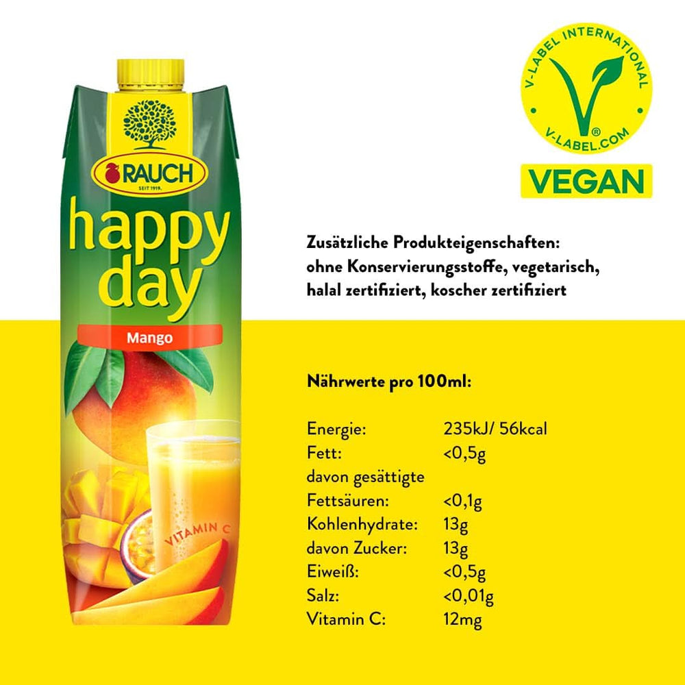 Rauch Happy Day Mango | Bevanda raffinata al frutto della passione | Molta vitamina C | 6 x 1 litro, Tetra Prisma Naty Shop
