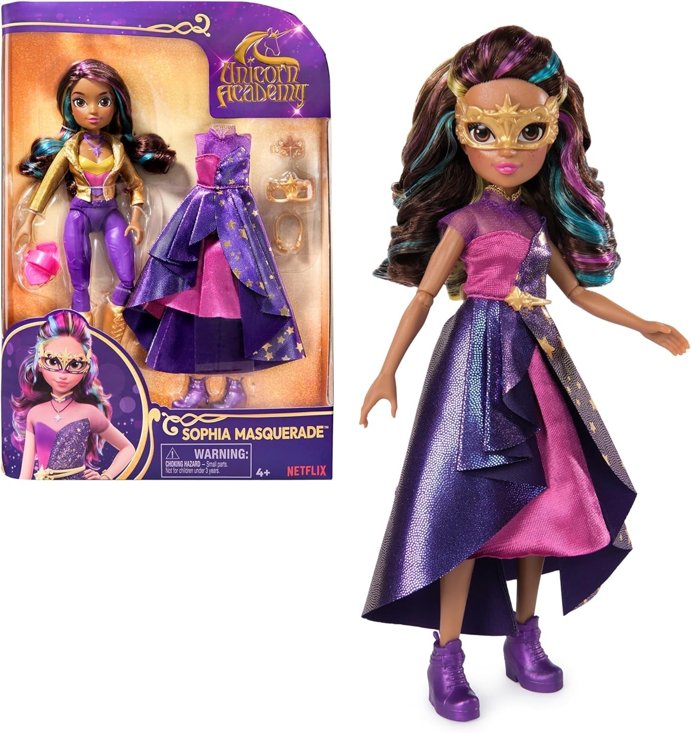 Păpușă Unicorn Academy Deluxe, Bal Mascat - Sophia, păpușă originală din popularul serial Netflix, 24 cm înălțime, cu 2 ținute și accesorii, pentru copii cu vârsta de 4 ani și peste