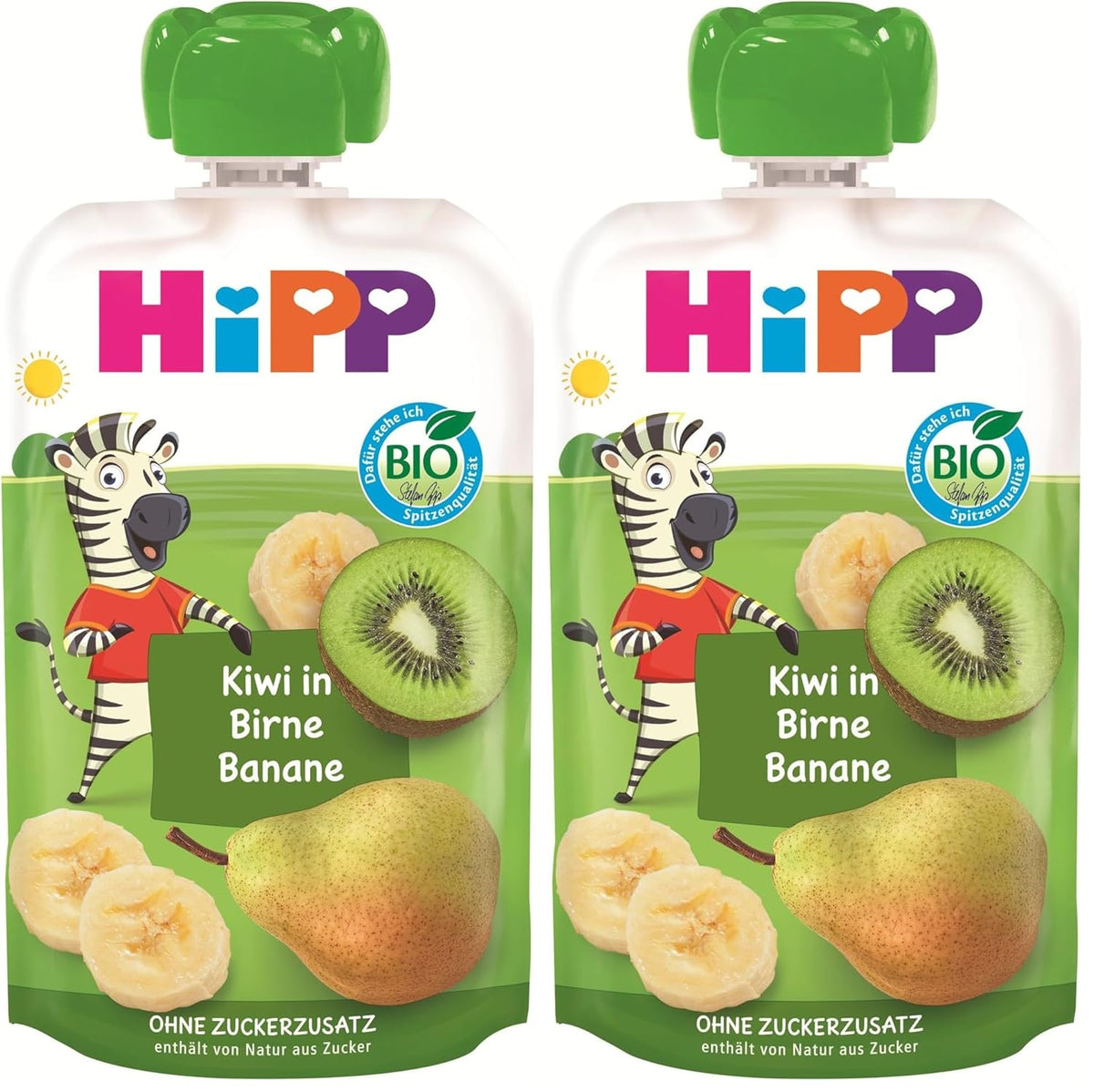 HiPP Bio Quetschie Kiwi in Birne-Banana - Charlie Zebra (8 x 100g), ab 1 Jahr, 100% Fruchtpüree, ohne Zuckerzusatz, vegan, in bester Bio-Qualität (Packung mit 2)