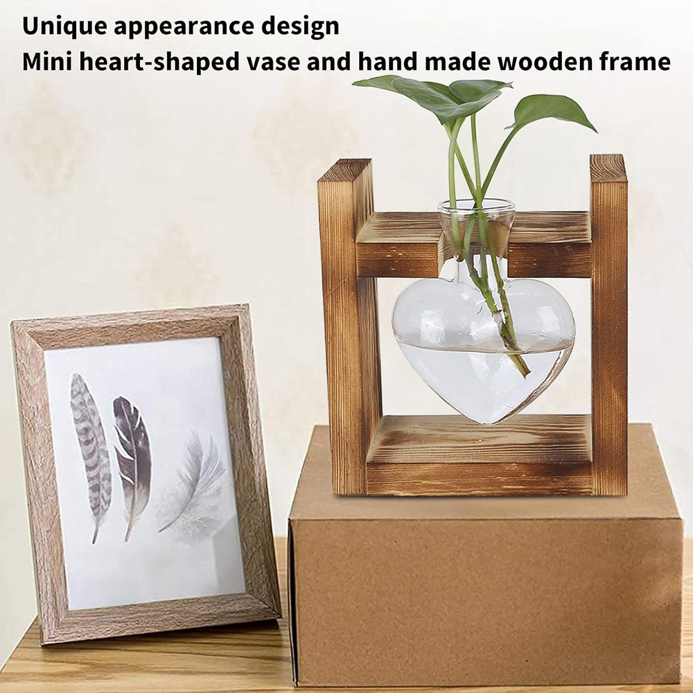 Terrario per piante con supporto in legno, vaso da tavolo a forma di cuore, piante idroponiche in vetro trasparente per la decorazione del giardino di casa, decorazione floreale idroponica per ufficio, soggiorno, cucina (A)