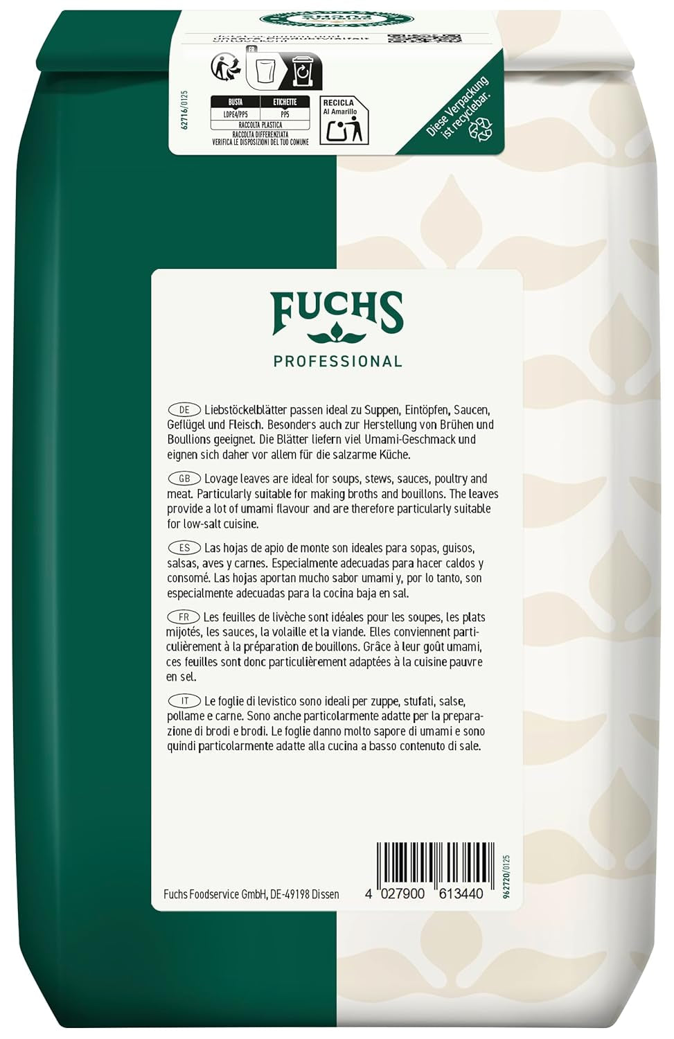 - Liebstockblätter gerebelt | Für salzarme Küche geeignet, passt zu Eintöpfen oder Salaten | Qualità professionale per grossi verbi | Sacco riciclabile da 0,25 kg