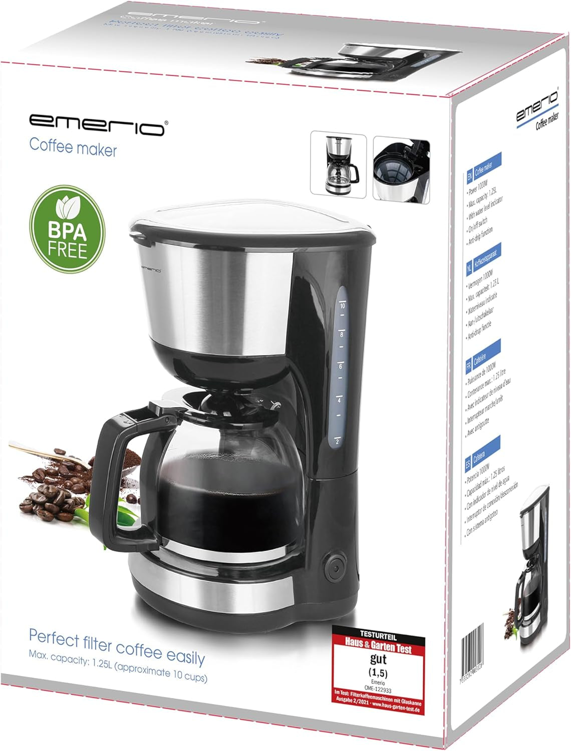 Emerio CME-122933, Cafetieră cu filtru, 1,25 l pentru până la 10 cești de cafea proaspătă, filtru permanent detașabil, funcție anti-picurare, carafă din sticlă, oprire automată, 1000 wați, negru/argintiu